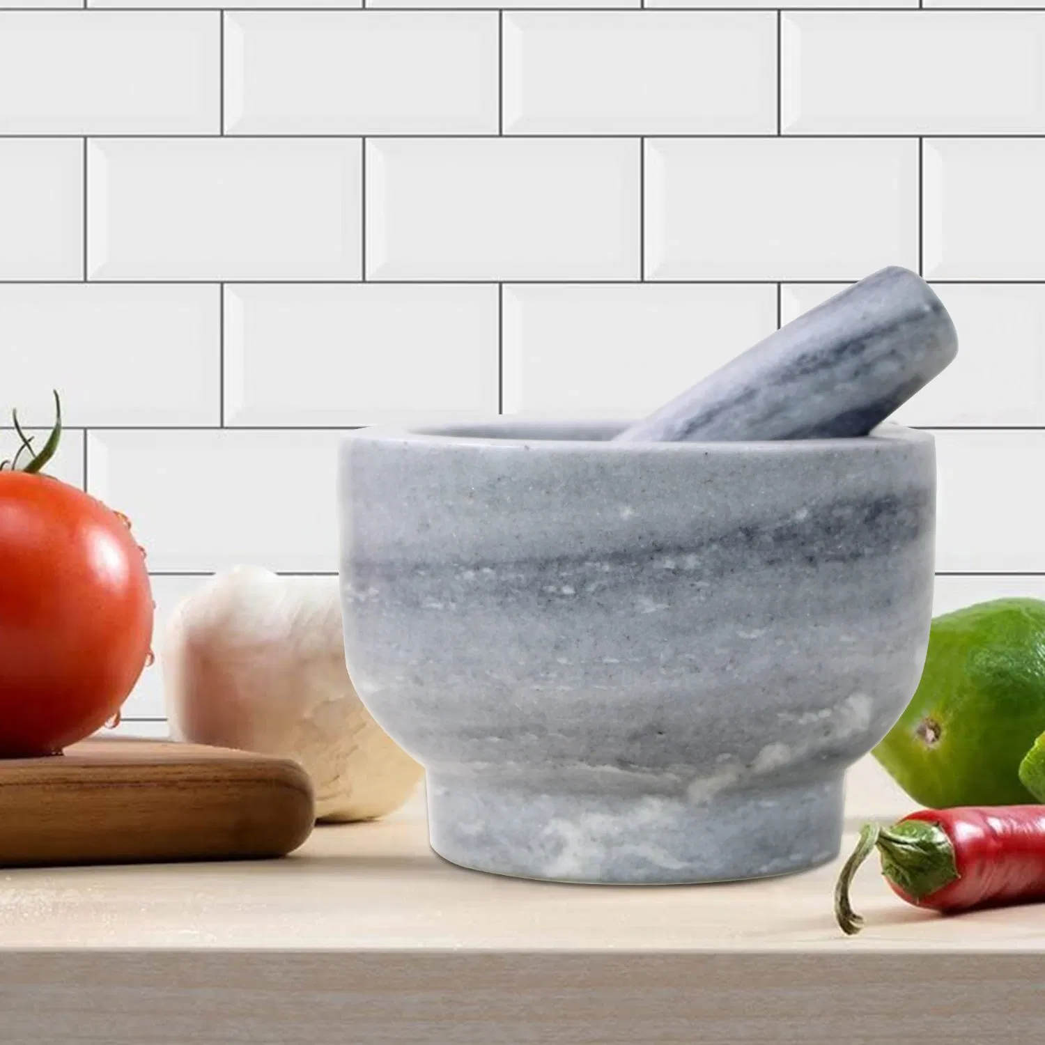 Custom Polished Natural Marble Stone Mortar and Pestle Set