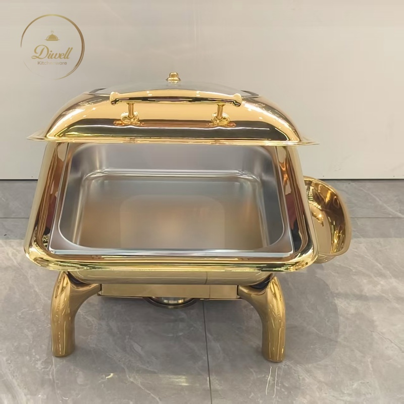Luxury 6 Liter Square Hotel Buffet Food Warmer Gold Chafing Dishes