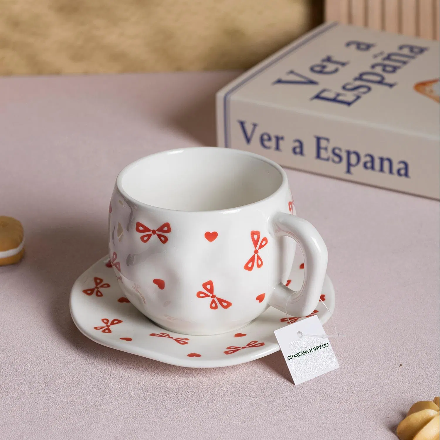 New Products Irregular Ceramic Tea and Coffee Cup with Saucer with Cute Love Heart Bow Design