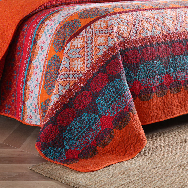 Quilted Bedspread Orange 100% Cotton Home Hotel Textile Printed Quilt Bedroom Bedding Set 2 Soft Pillowcases Queen King Size Bedspread Supplier