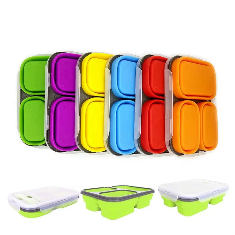 Food Grade Silicone Bento Lunch Box with Dividers Leak-Proof Portable Folding Silicone Lunch Box for Kids