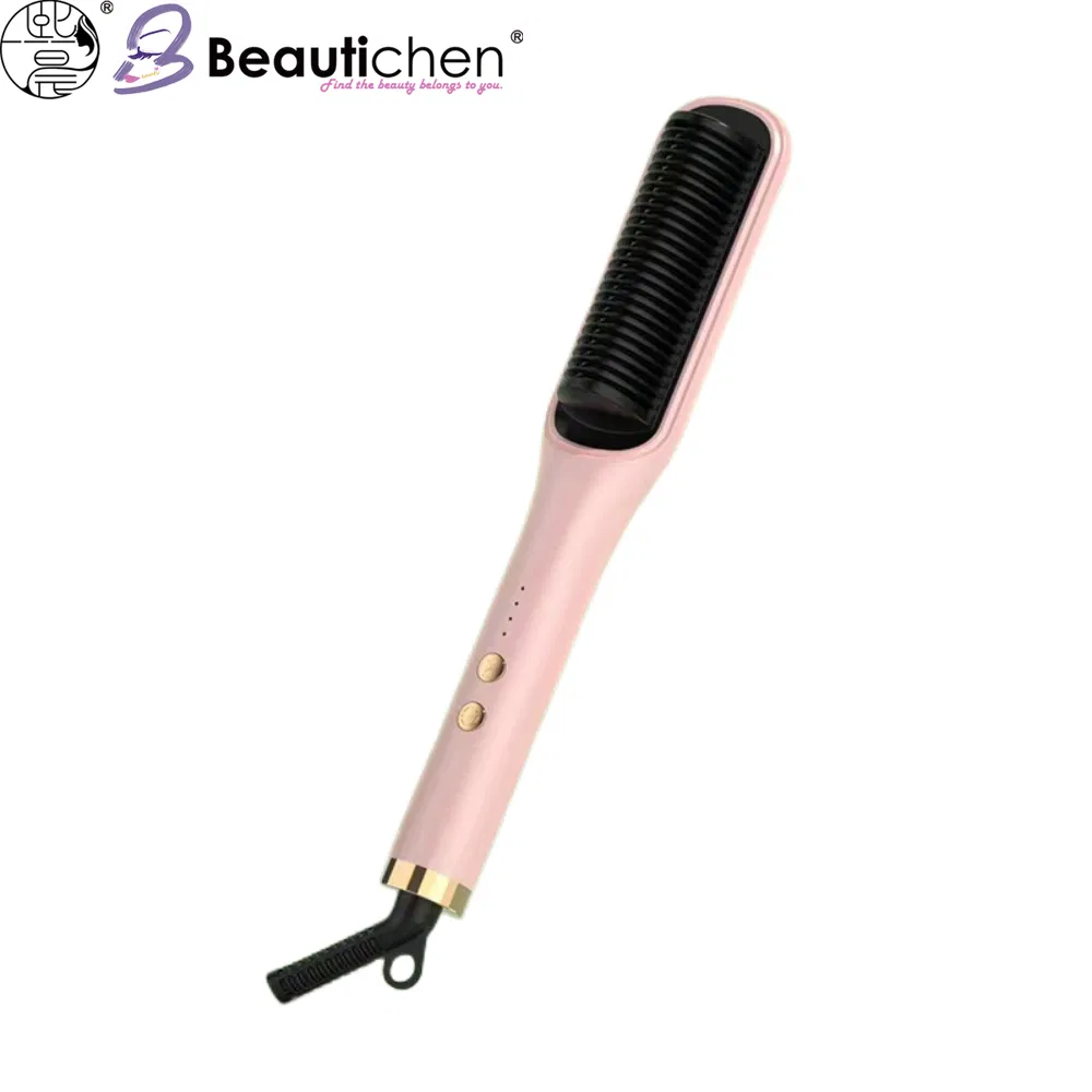 Beautichen Pink Travel Hair Straightening Brush – Compact Dual-Use Hot Comb for Straight & Curly Styling with Gold Control Buttons