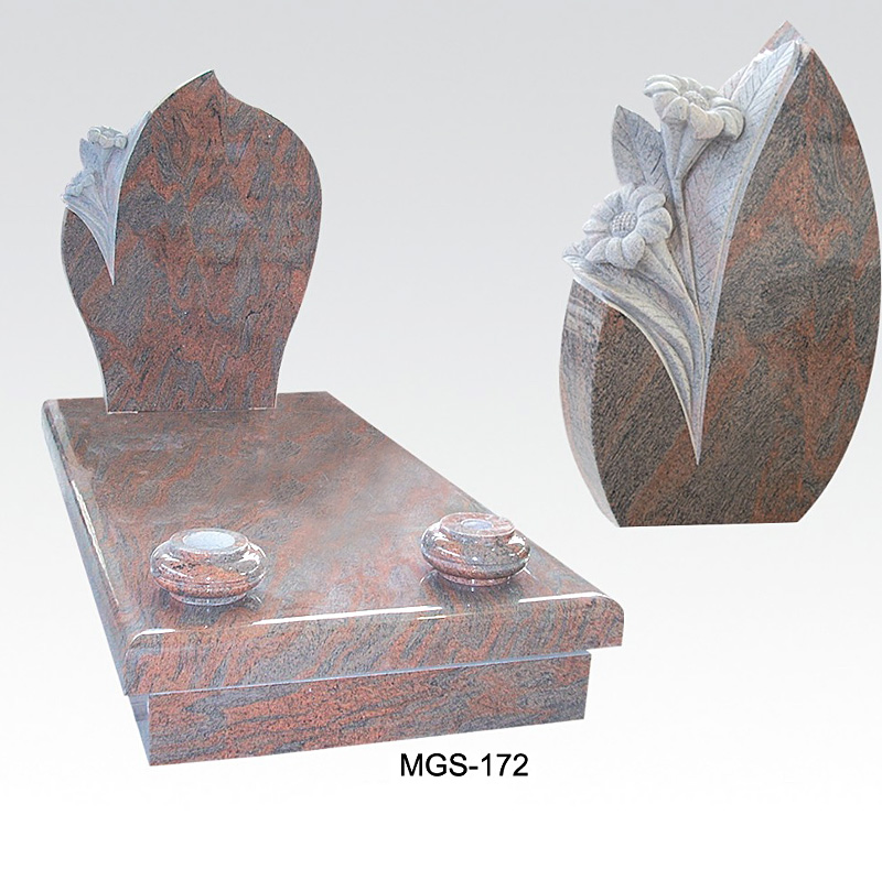 Red Granite Headstone with Flower Carving and Vase