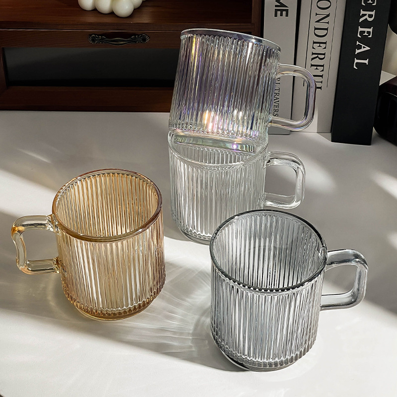 12oz Classic Vertical Stripes Transparent Tea Cup for Cappuccino Latte Juice