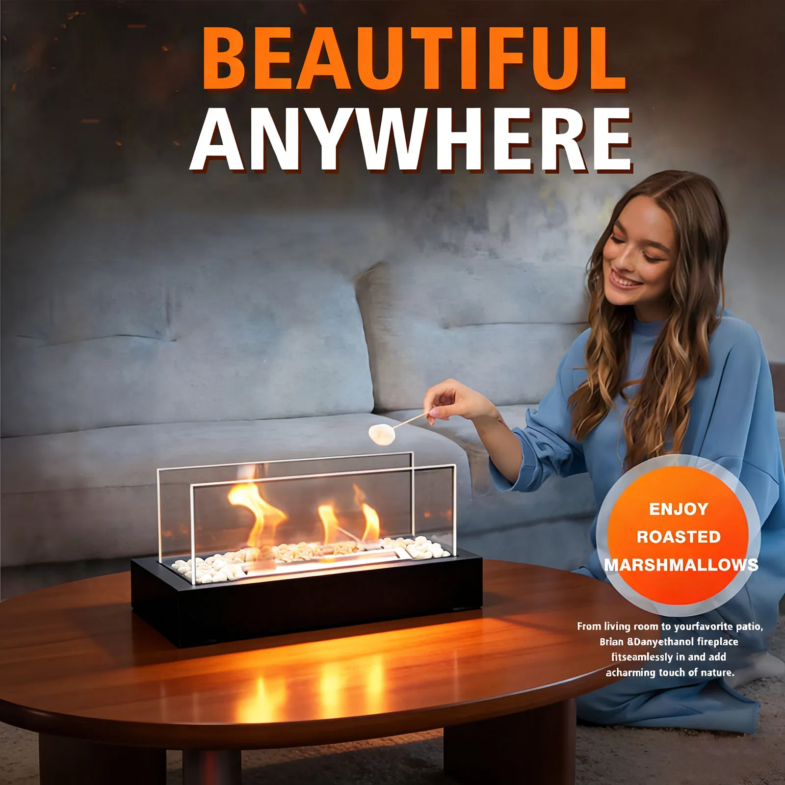 Freestanding Ethanol Fireplace Durable Rectangular Tabletop Fireplace with Tempered Glass
