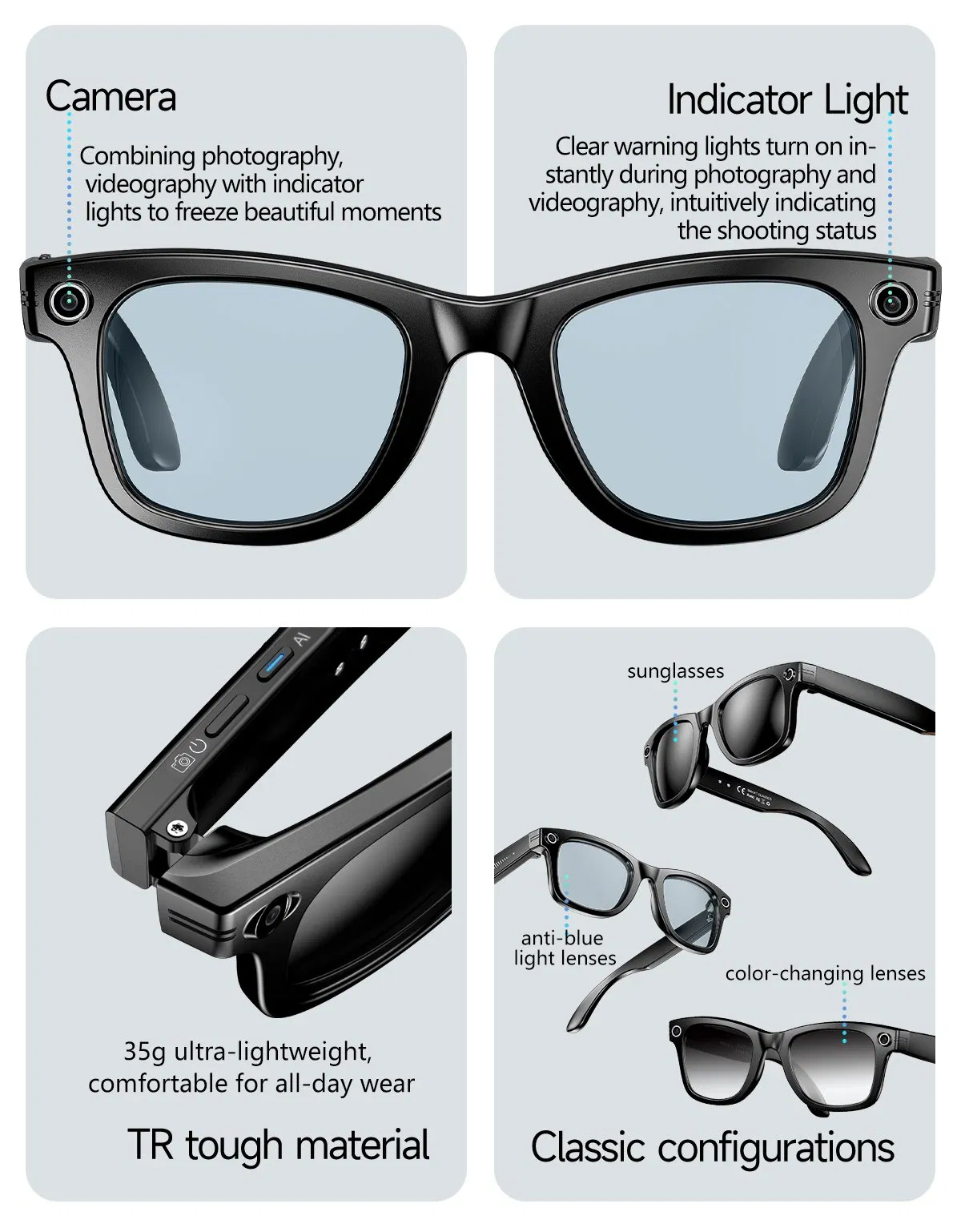 Smart Glasses with Photo &Video Intelligent Recognition High-Definiton 800W Camera Hotography
