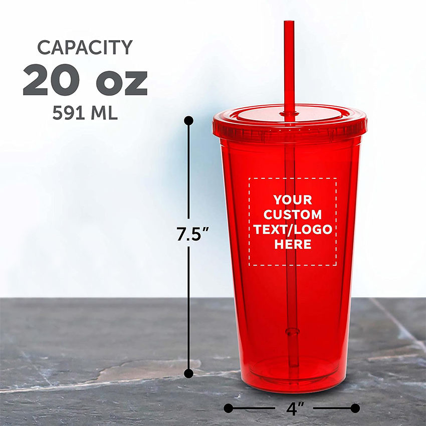 20oz Clear Plastic Tumbler Custom Logo Double Wall Insulation Lid Straw Included
