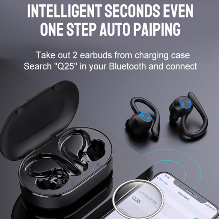 Q25 Sport in Ear Hook Waterproof Head Phone Noise Cancellation Audifonos Auriculares Wireless Airbuds Earbuds Earphone