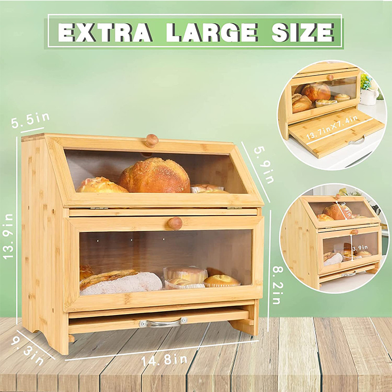 Bamboo Bread Box Multi-Functional Large Capacity Kitchen Food Snack Storage Box