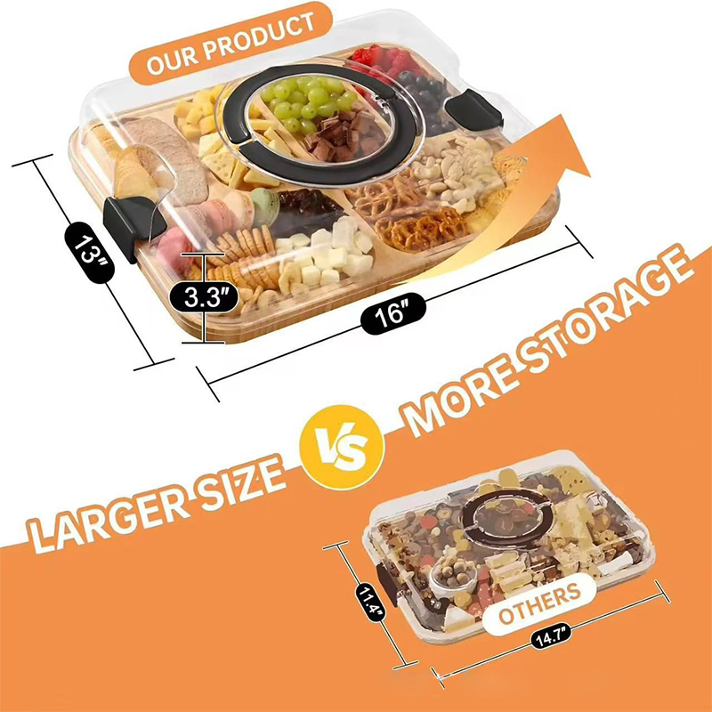 Custom Travel Portable Cheese Cutting Snack 6 Compartments Serving Tray Bamboo Charcuterie Board with Clear Lid