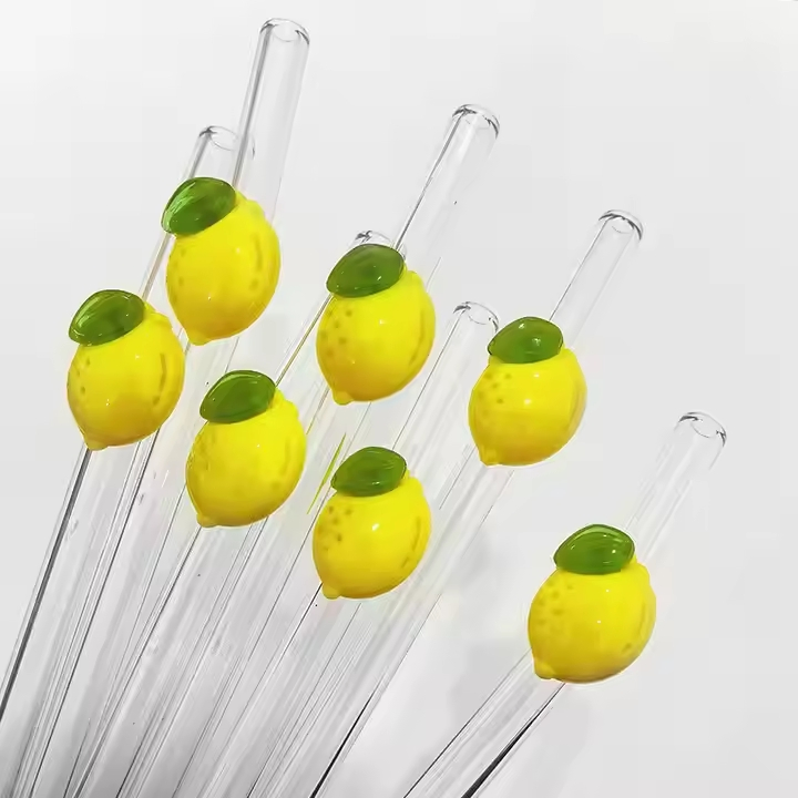 Lemon Design Clear Glass Straw Shatter Reusable Cocktail Straw Bend Cute Straw with Charm