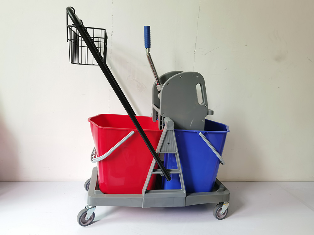 Factory Supply Down-Press Multi-Function Double Mop Bucket Wringer Trolleys with Basket