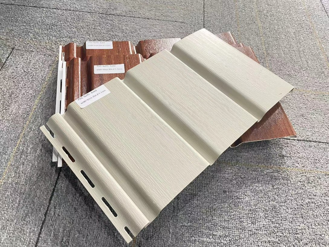 PVC Wooden Soffit Ceiling Solid and Fascia Eave Panel Stretch Ceiling Used Outer Wall Panel