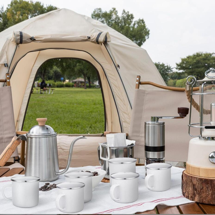 Enamel Cup Camping Outdoor Coffee Travel Metal Mug with Silver Rim