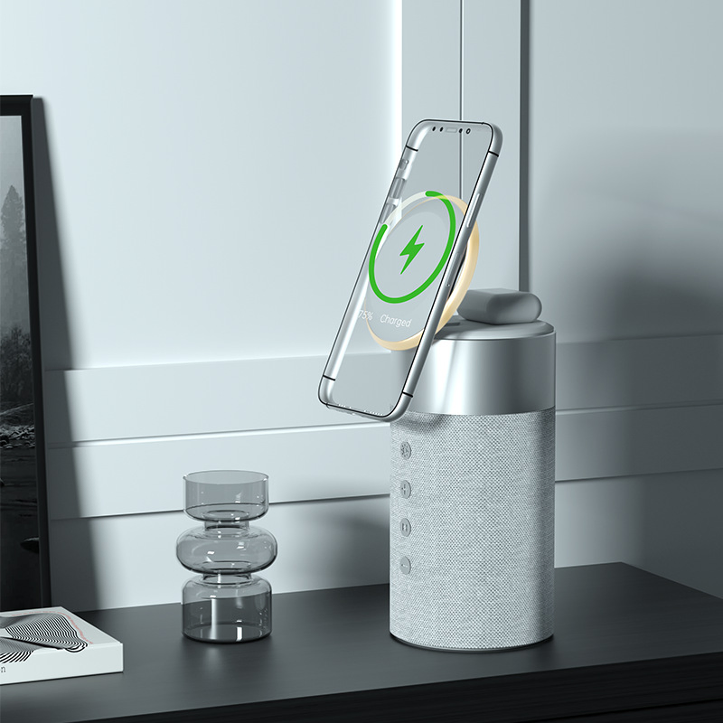 3-in-1 Magnetic Bluetooth Speaker with Wireless Charger LED Night Light Portable Super Bass Portable Smart Desktop Music Dock for Home, Office & Outdoor Use