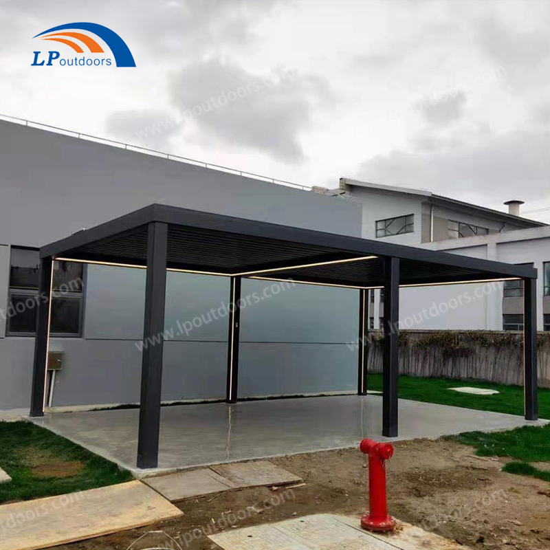 Sleek White Louvered Pergola with Integrated LED Lighting