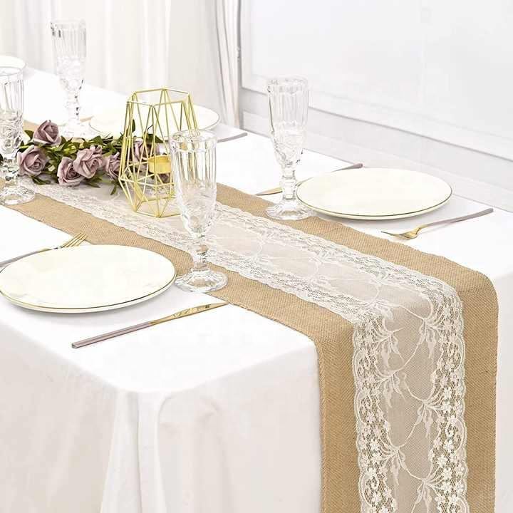 12inch Lace and Burlap Table Runner Natural Hessain Jute Table Runner for Wedding Party Decor