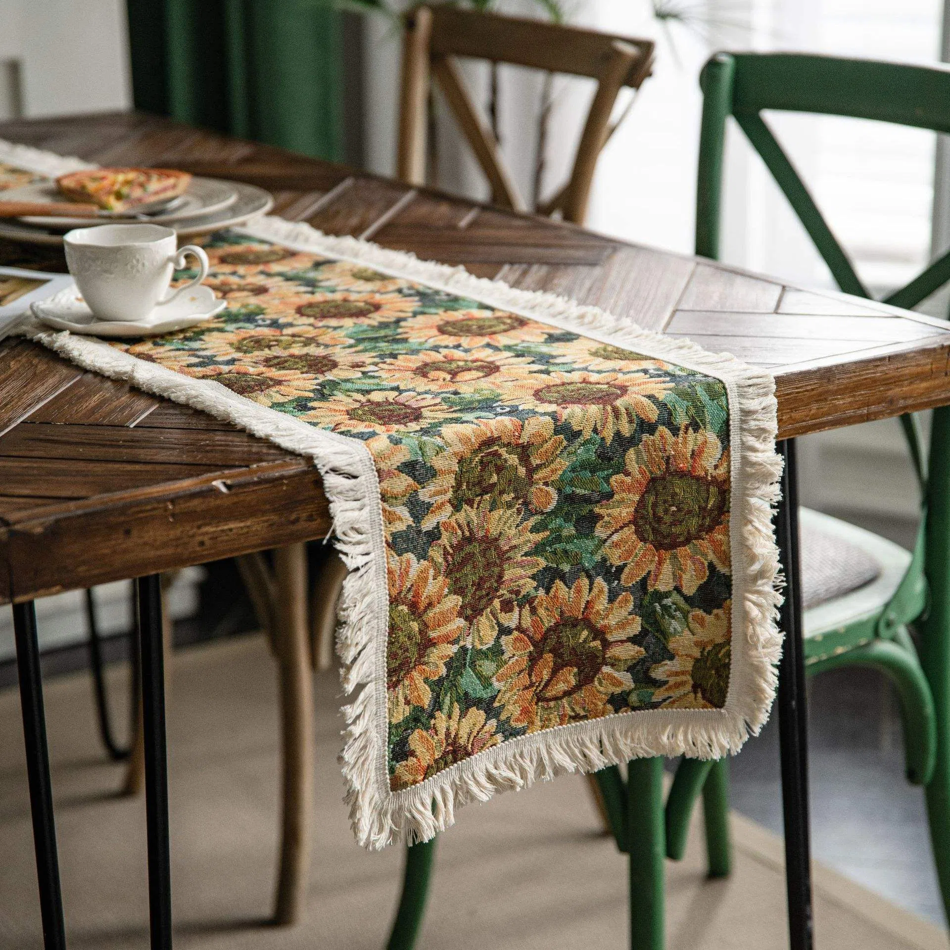 Boho Floral Table Runner with Tassels for Wedding Dinner Dining Table Decor