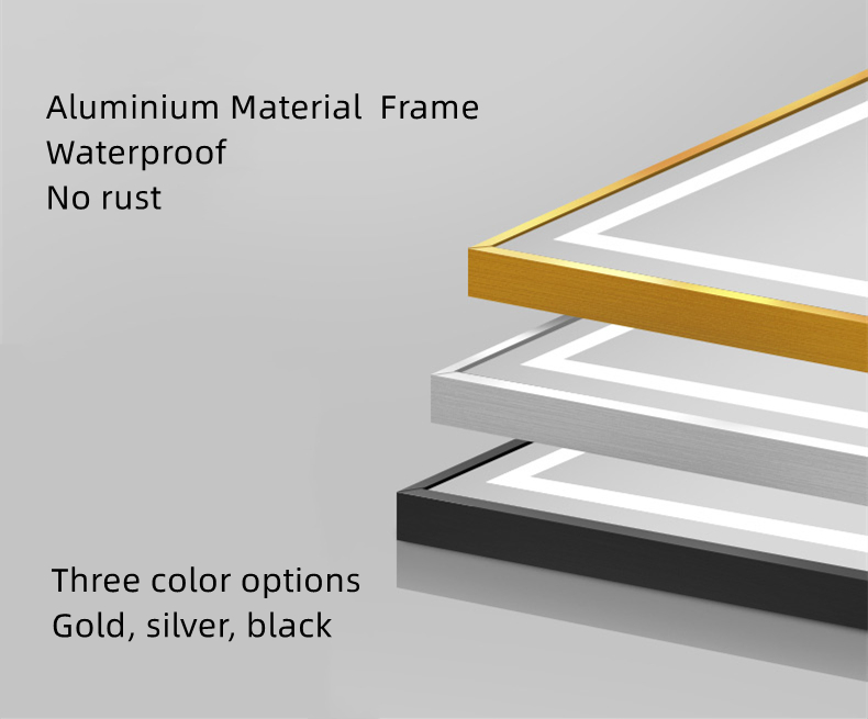 Aluminum Golden Framed LED Light Bathroom Mirror Brushed Illuminated Rectangle Hotel Bath Wall Mirrors