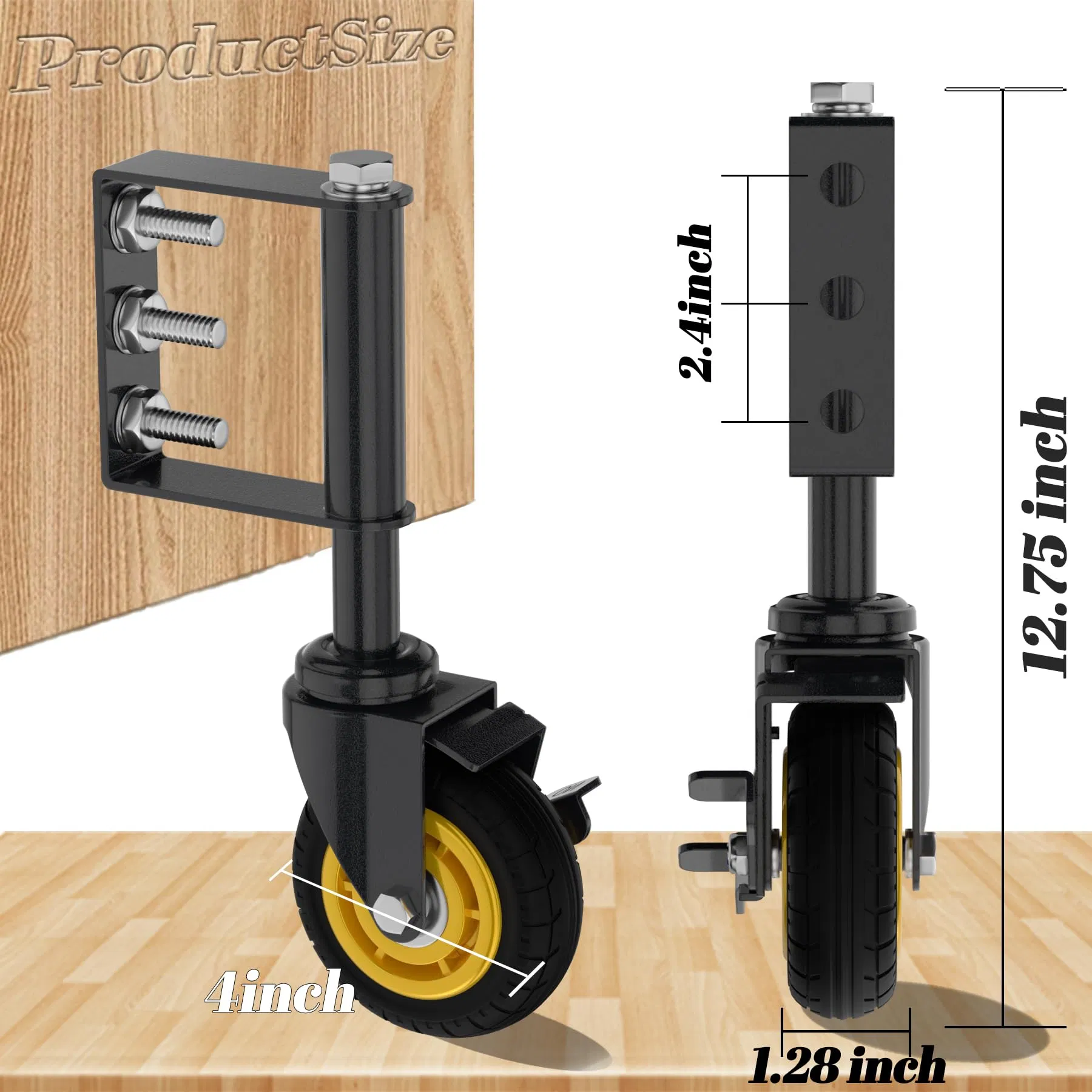Door Caster with Brake for Wood Gates 4 Inch Wheel