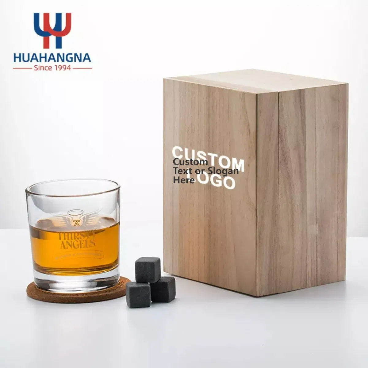 Whiskey Stones Gift Set Metal Whiskey Chilling Ice Cubes and 10oz Old Fashioned Whisky Glasses Wooden Gift Box for Cooperate Present
