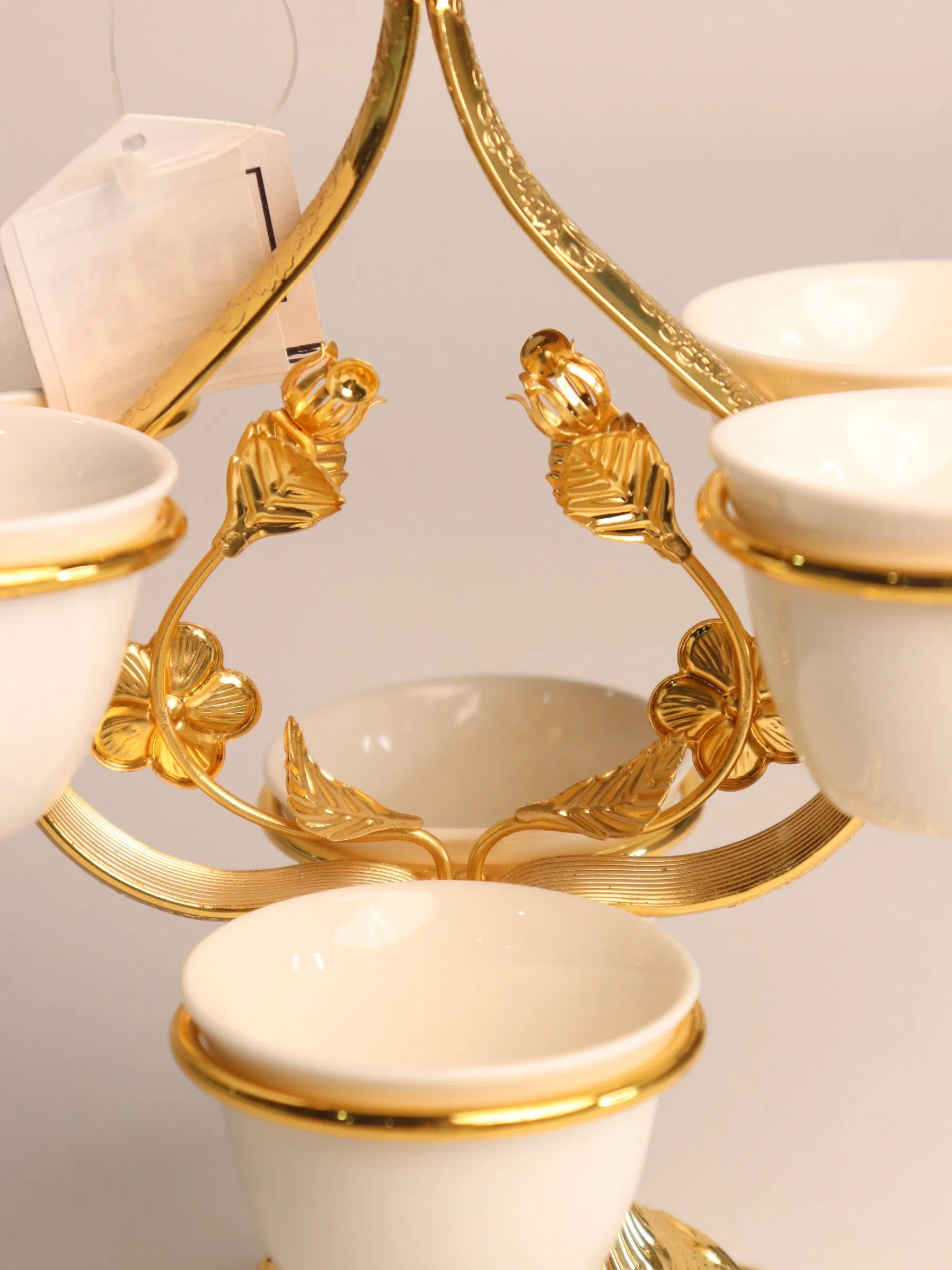 Decorative Gold-Plated Iron Frame with 6 Ceramic Tea Cup Ornaments Set