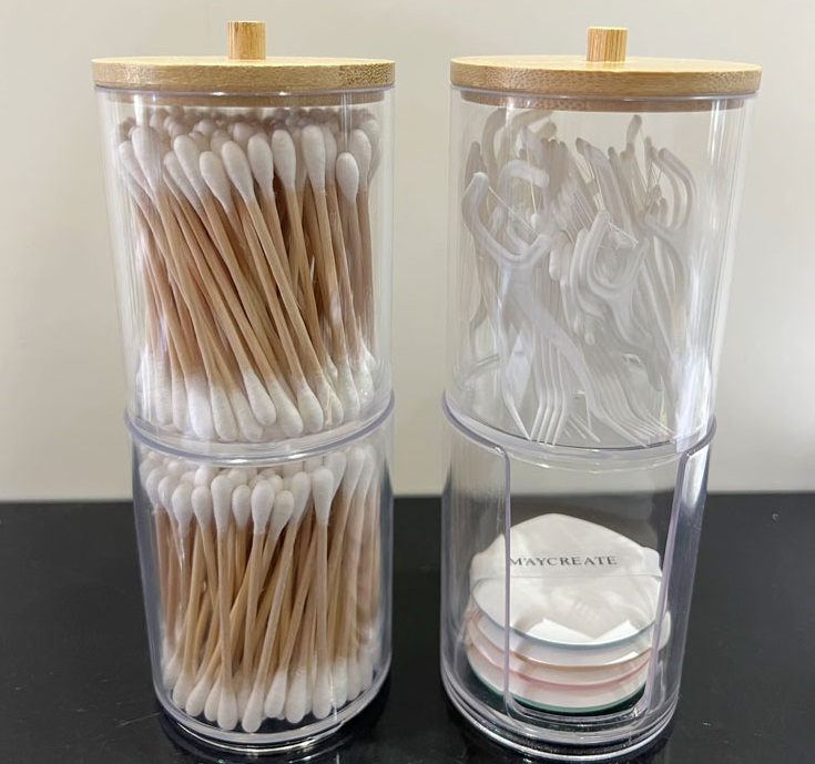 2 Stackable Q-Tip Make up Transparent PS Organizer Jar with Bamboo Lids