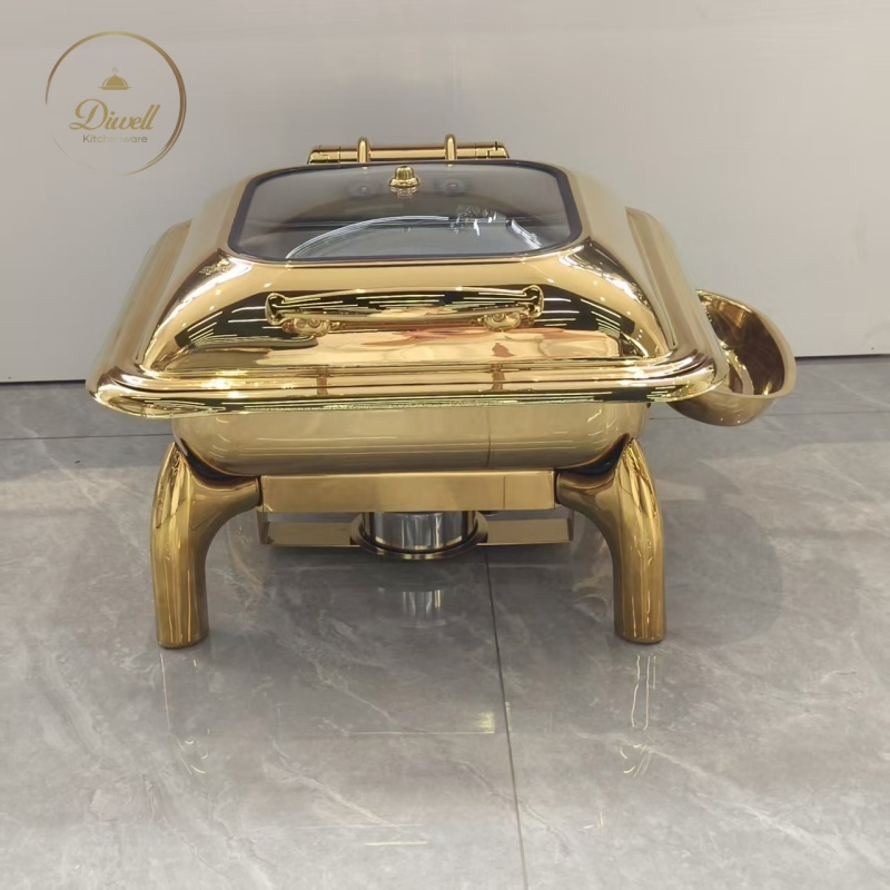 Luxury 6 Liter Square Hotel Buffet Food Warmer Gold Chafing Dishes