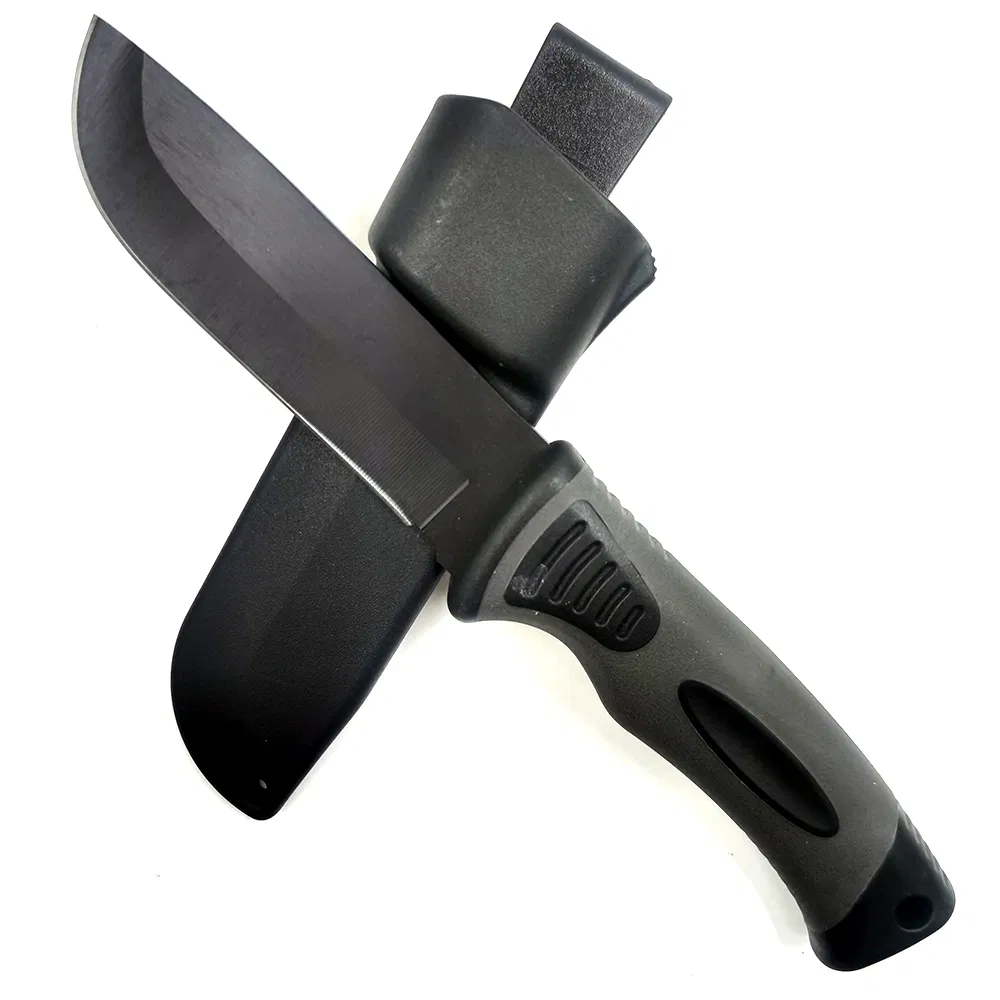 Fbk-24051 8.65 Inches Black ABS & Grey Rubber Double Injection Fixed Blade Knife for Outdoor Camping Hunting