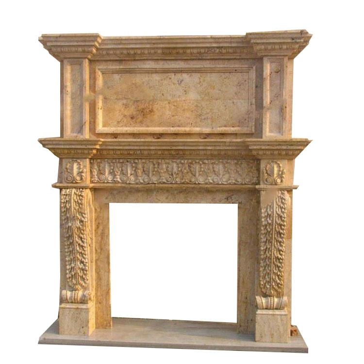 Large Decorative White Marble Fireplace Frame with Relief of Vase and Flowers