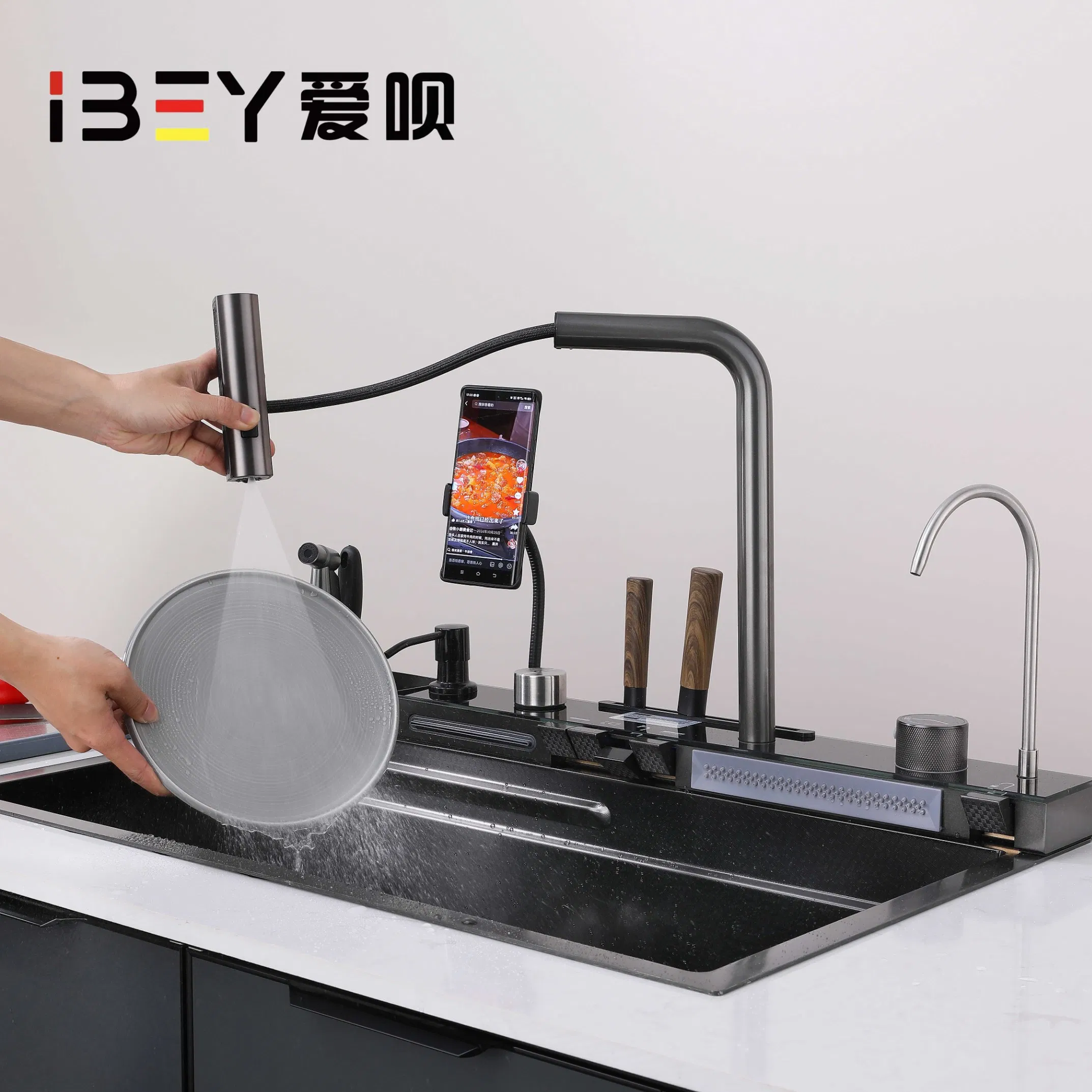 High Quality Smart 304 Stainless Steel Kitchen Sink with Phone Holder