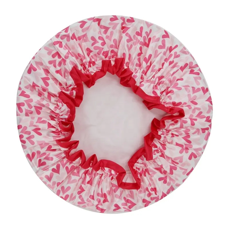 High Quality Loving Heart Printing Shower Caps Satin Waterproof Shower Cap