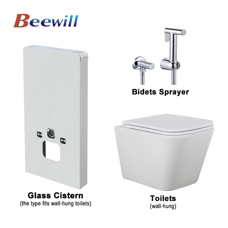 Dual Flushing Wall-Hung Wc Toilet Bidet Sprayer White Glass Cistern Sanitary Ware