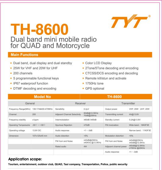 Tyt Th-8600 VHF/UHF Mini Mobile Transceiver IP67 Waterproof Mobile Car Radio Walkie Talkie