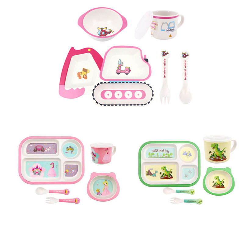 Bamboo Fiber Children Tableware Kids Plates and Bowls Biodegradable Baby Feeding Dishes 5PCS Cartoon Divided Plate Set