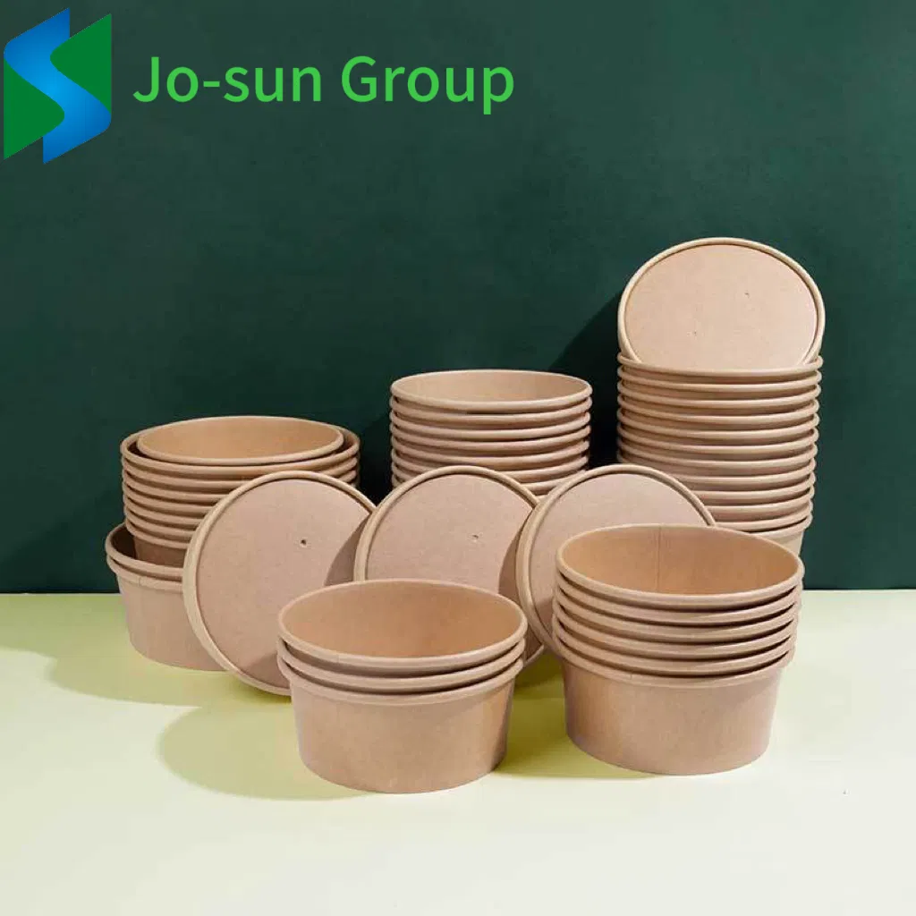 Jo-Sun Brown with Lid Round Disposable Rice Food Container Kraft Paper Noodle Bowl for Take out