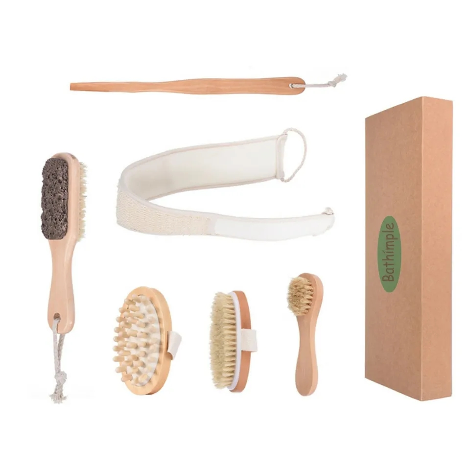 6PCS Set Hot Sell Natural Boar Bristle Long Handle or Handhold Set Detachable Design Massage Bath Brush for Body Care Brush