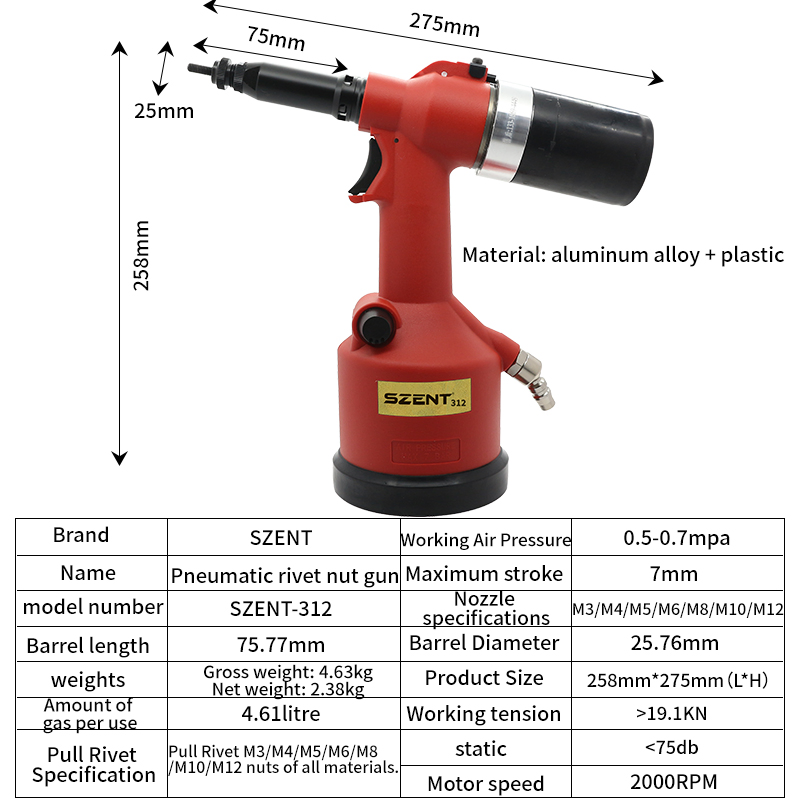 Szent-312 Wholesale Rivet Gun Manfuacturers Blind Rivet Nut Setting Tool M3-M12 Nut Riveter Pneumatic Rivetnut Gun