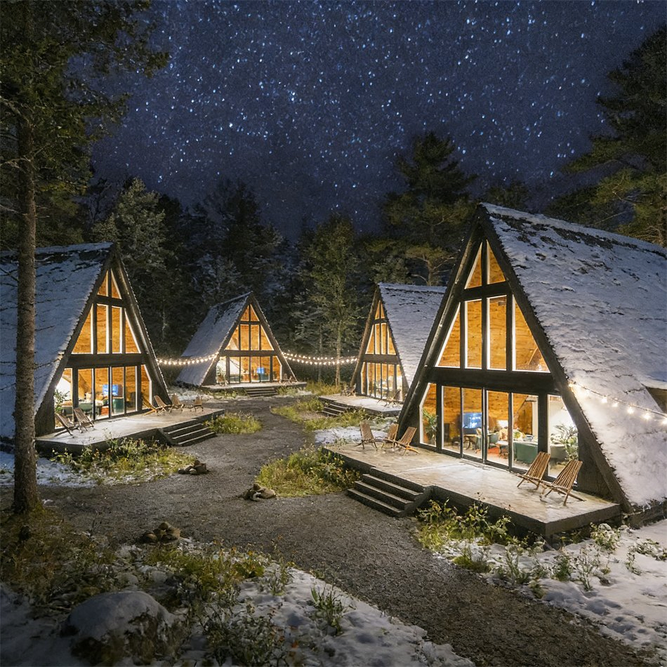 Chalet Glamping House Resort Villa Prefabriquee Maison Prefabricata Haus Luxus Casa Triangular De Lujo for Commercial Rental Accommodation