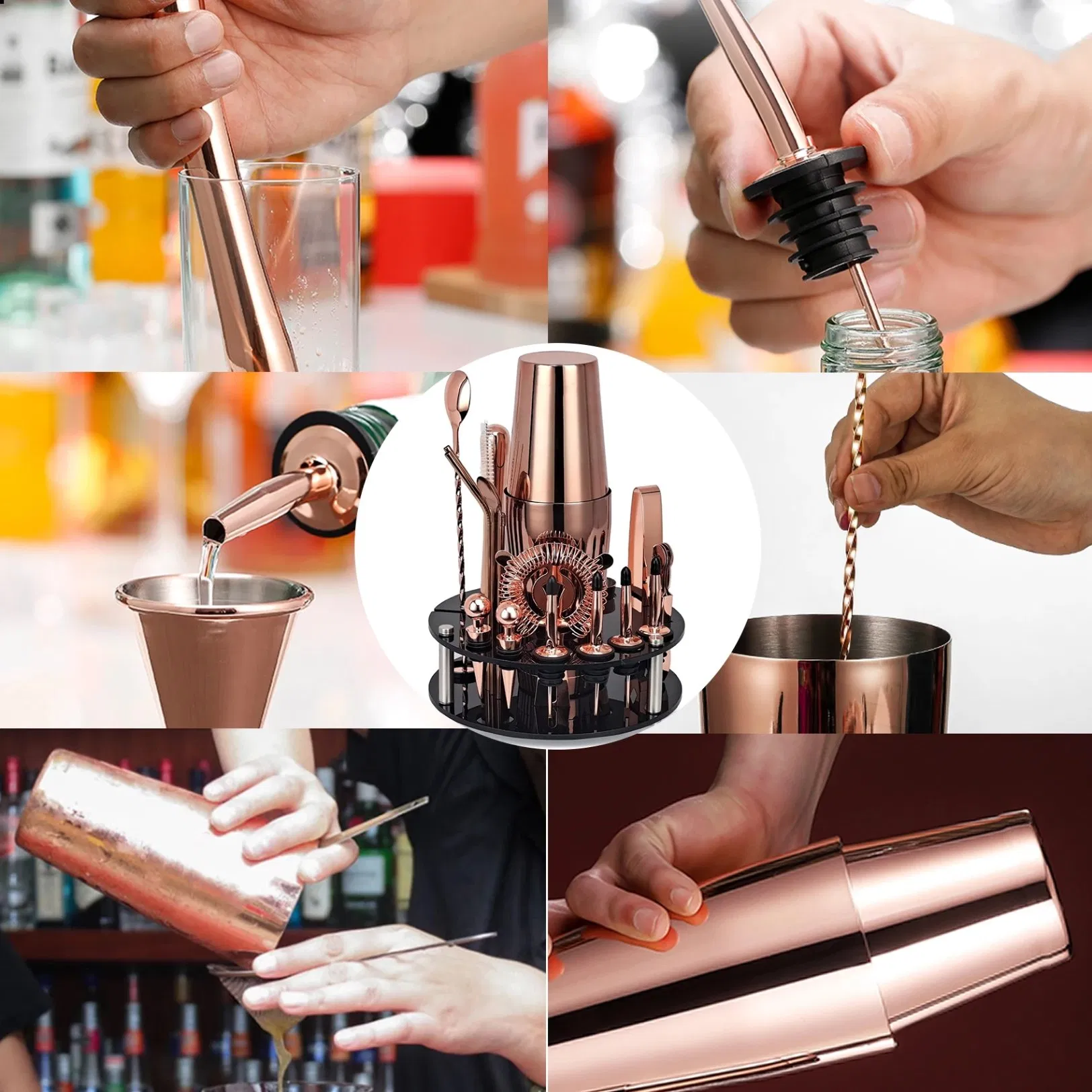 Custom Logo Bartender Kit Boston Cocktail Shaker Set Rose Gold with Rotating Acrylic Stan for Mixed Drinks Martini Home Bar Tools Set