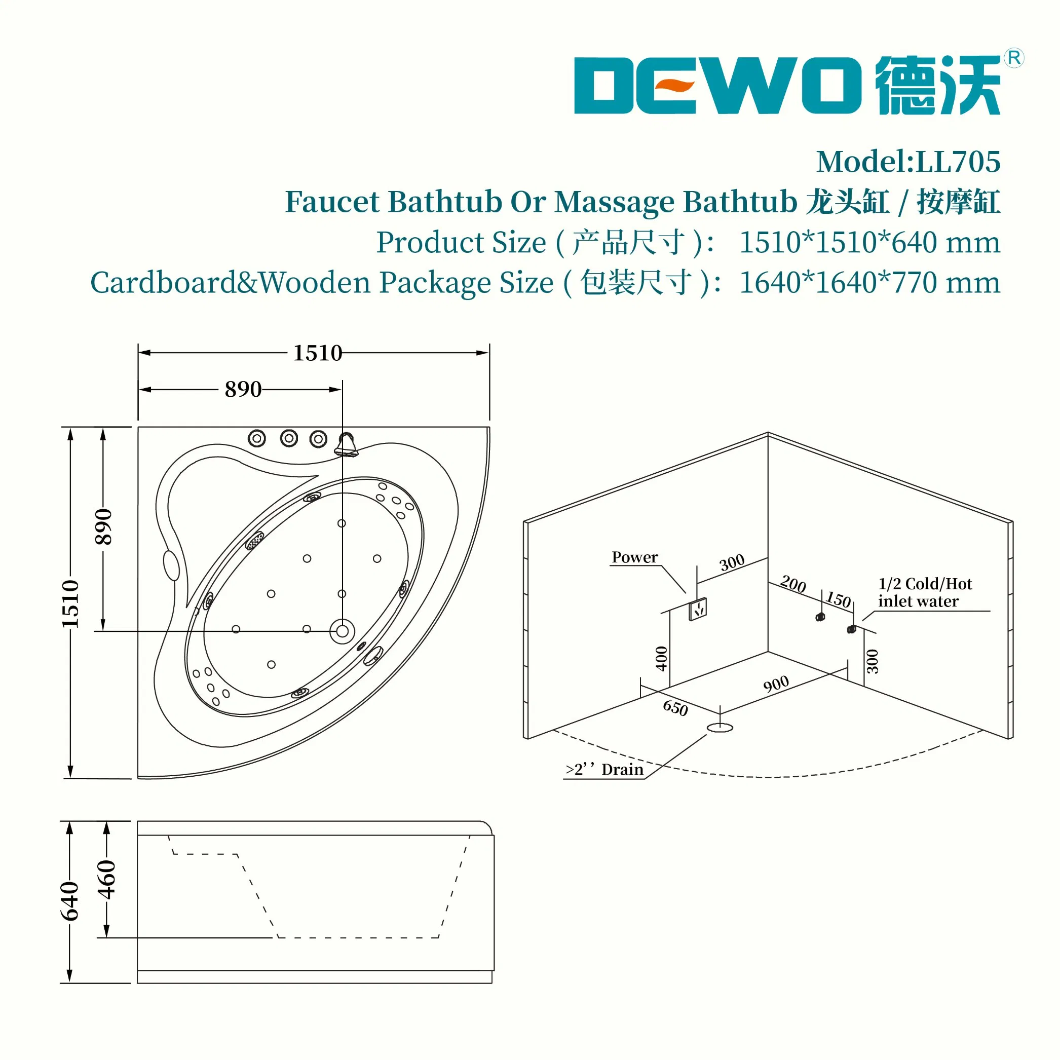 Акриловая угловая джакузи с гидромассажем DEWO