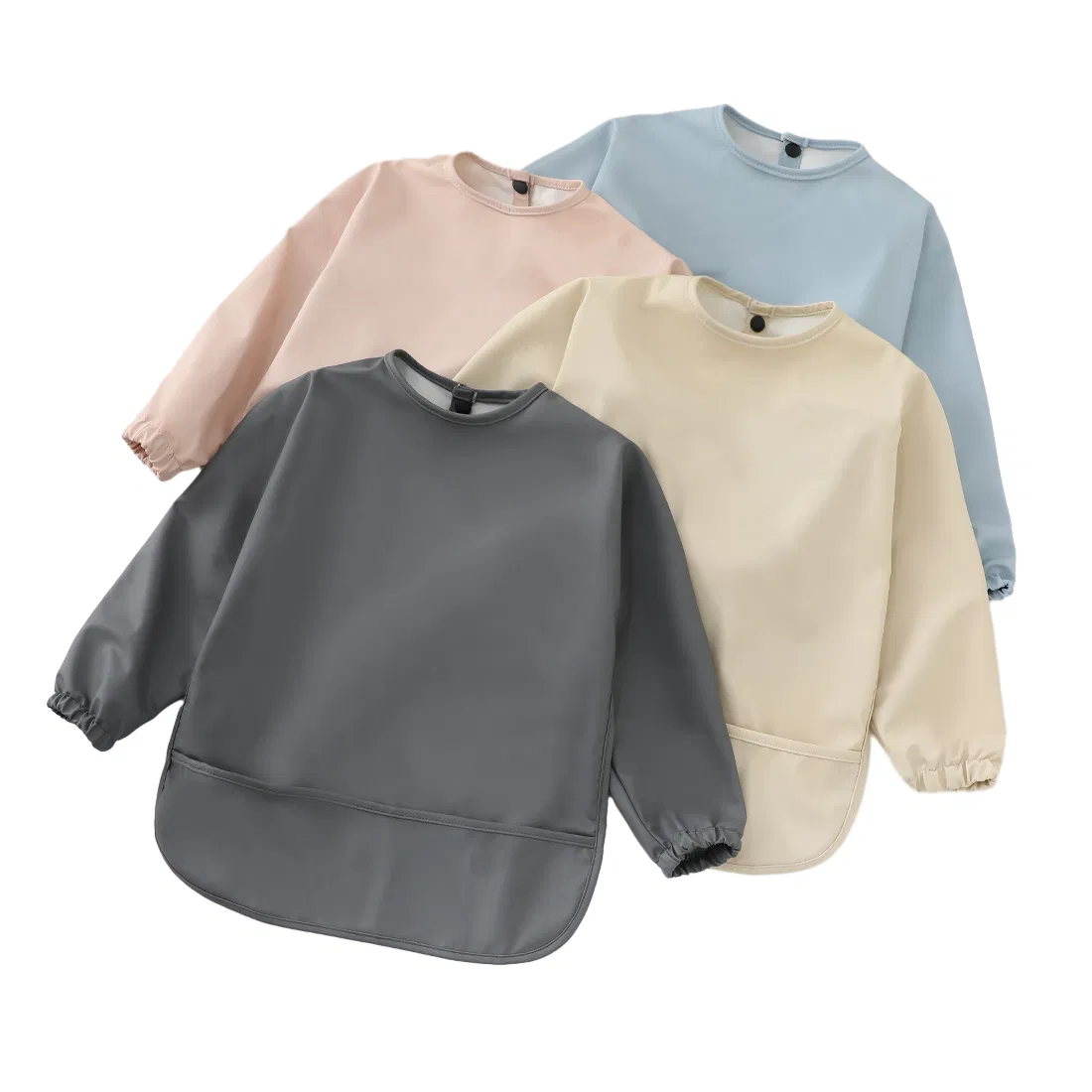 Children's Waterproof Long Sleeves Bibs Plain Baby Feeding Aprons Plastic Baby Eating Apron with Food Catcher