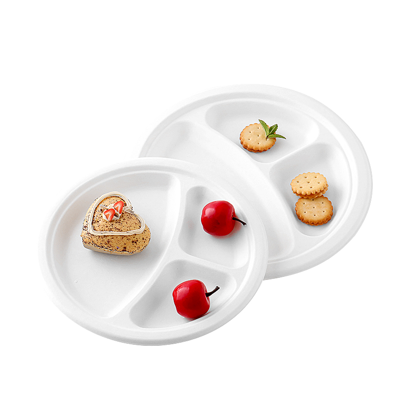 Eco Friendly Paper Pulp Biodegradable Disposable Kids Lunch Sugar Cane 10" 3-Compartment Bagasse Plate