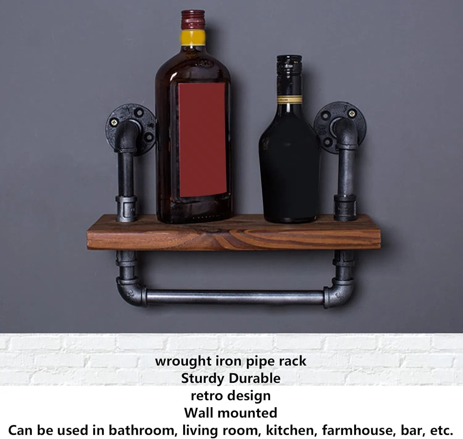 Retro Wall Mounted Shelf - Durable Wood and Wrought Iron Pipe Design for Home Bar and Kitchen