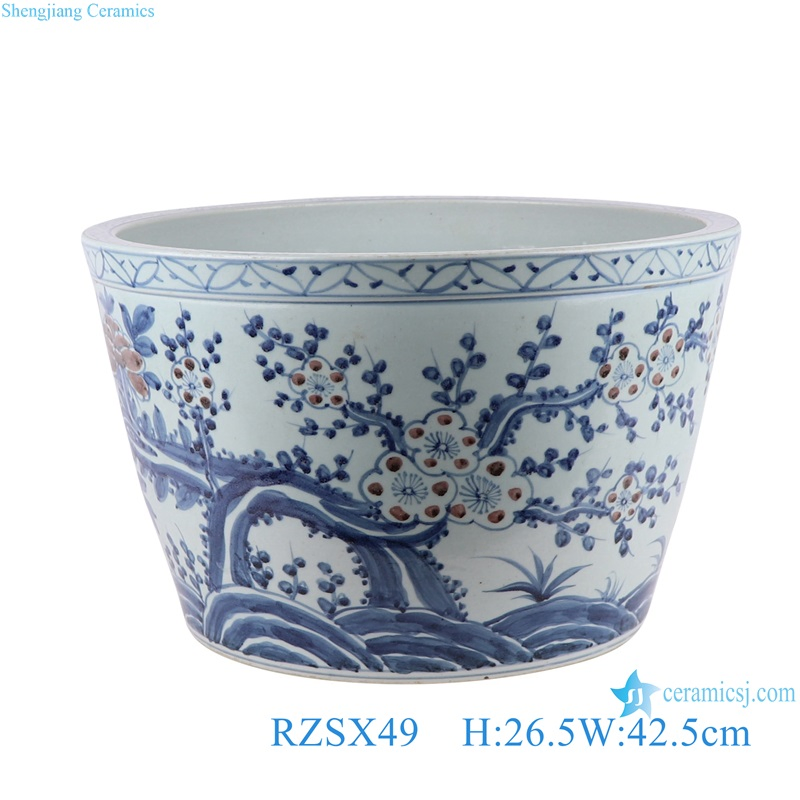 Blue and White Red Peony Plum Flower Ceramic Planter Porcelain Bowl