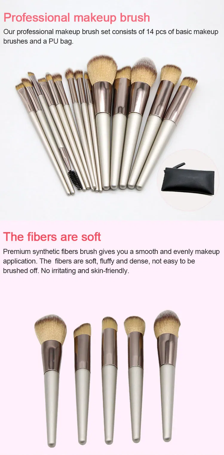 2021 Professional 14PCS Light Gold Color Makeup Brushes Set Private Label Foundation Set