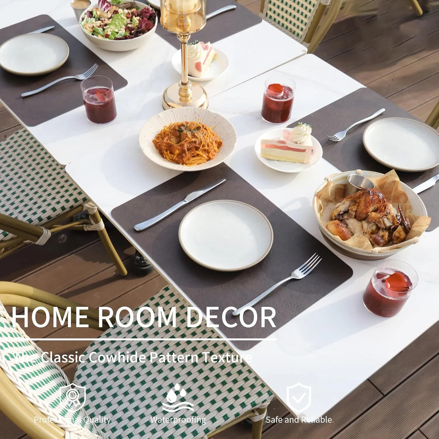 Cowhide Pattern Faux Leather Placemats Set of 6,Heat Resistant Non-Slip Waterproof Wipeable Washable Kitchen Dining PU Table Place Mats,Double-Sides Available,D