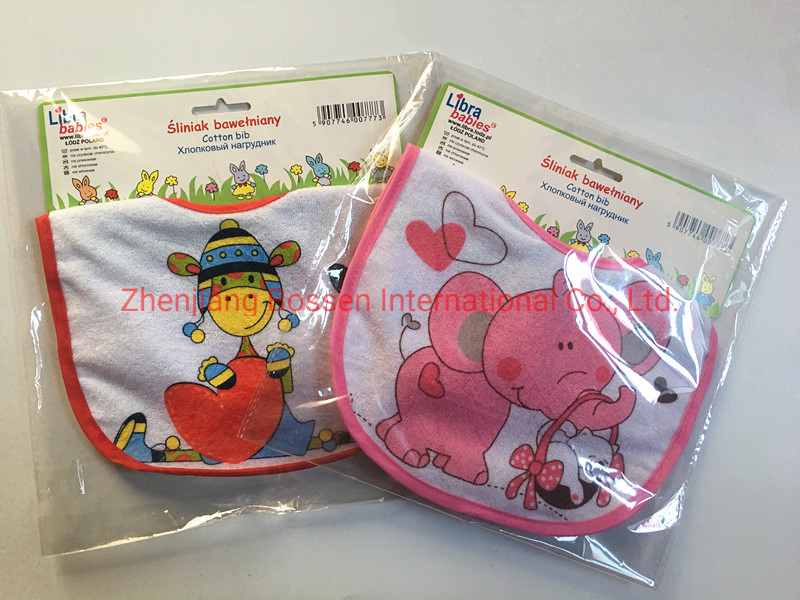 OEM Custom Design Logo Print Cotton Terry Baby Bibs with Cardboard Package Factory
