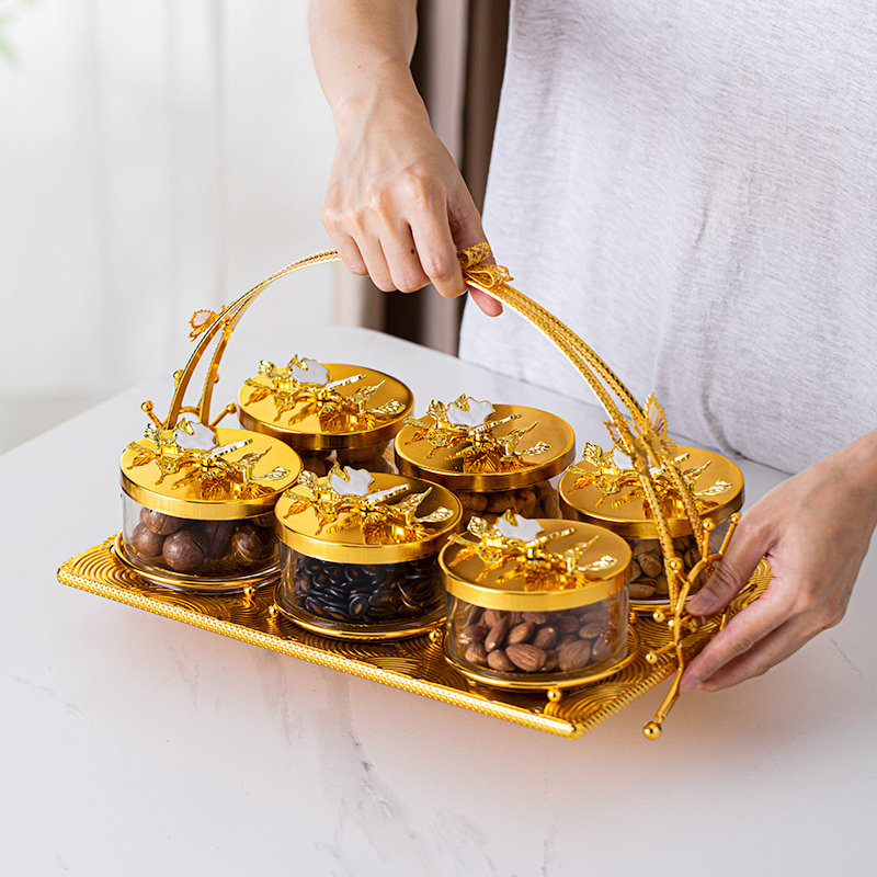Glass Home Decor Bowl Set, Includes 6 Glass Bowls and a Gold-Plated Iron Stand Candy Bowl