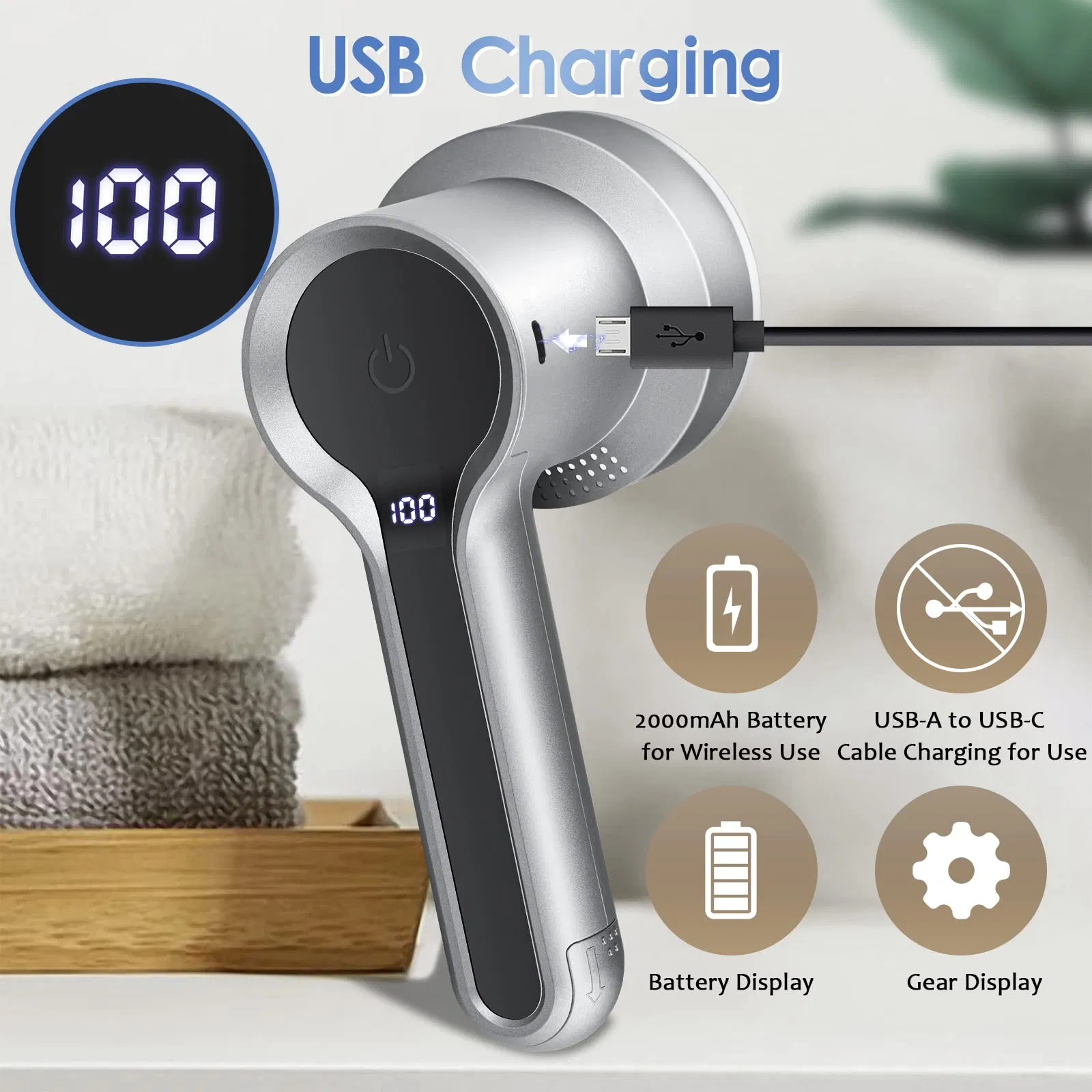 3-Speed Electric Fabric Fleece Shavers Electrostatic Brush LED-Display USB Rechargeable Lint Removers
